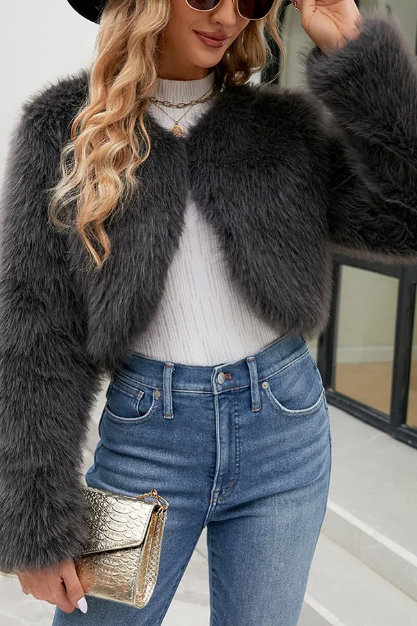 Stylish Long Sleeve Short Casual Faux Fur Jacket