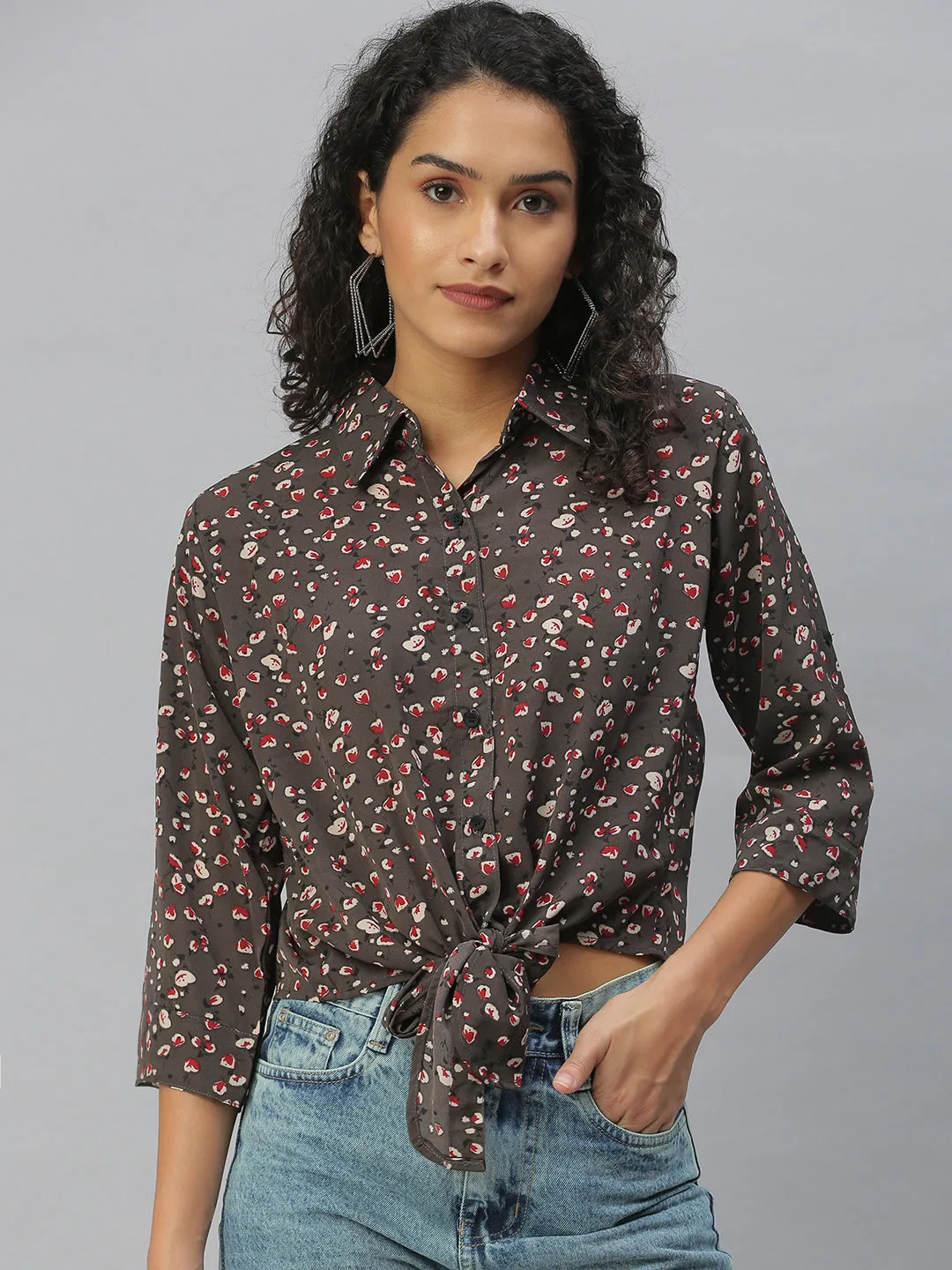 Women Collared Printed Brown Shirts