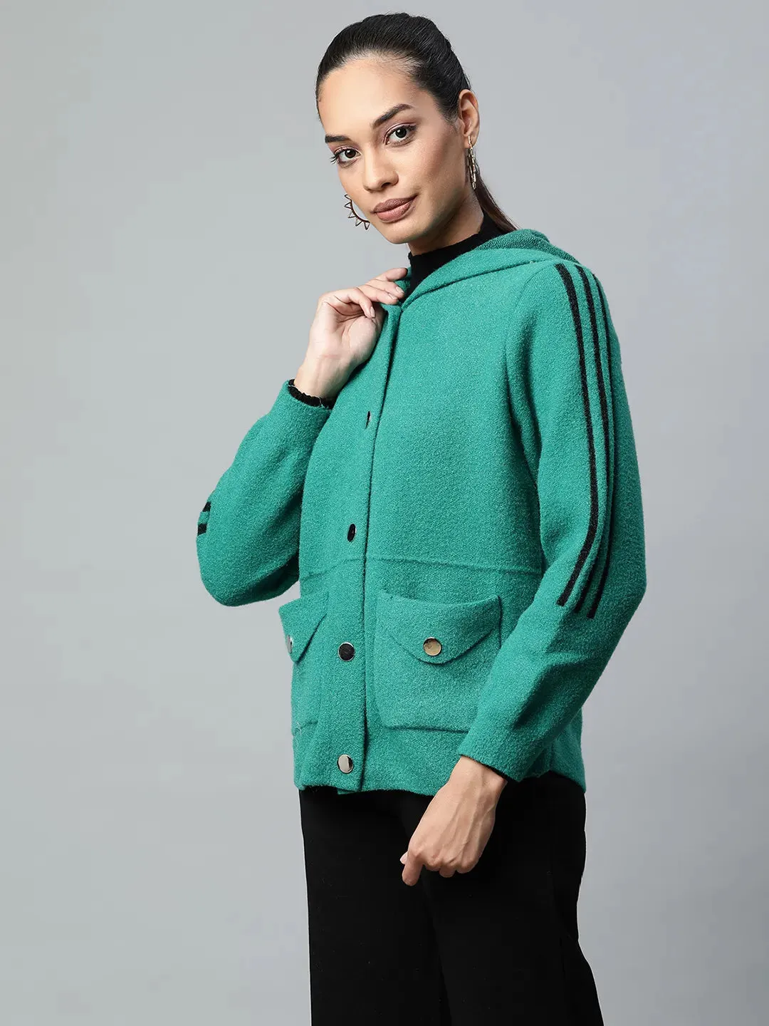 Women Green Regular Fit Printed Hooded Zipper Jacket