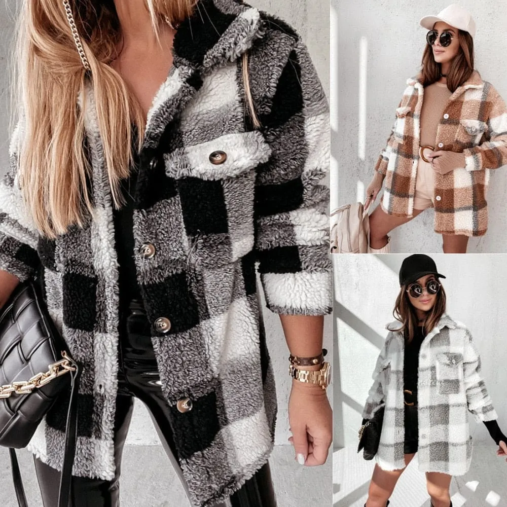 Women Winter Fuzzy Jacket Adults Button-down Long Sleeve Lapel Plaid Jackets with Pockets Warm Soft Stylish Cardigan