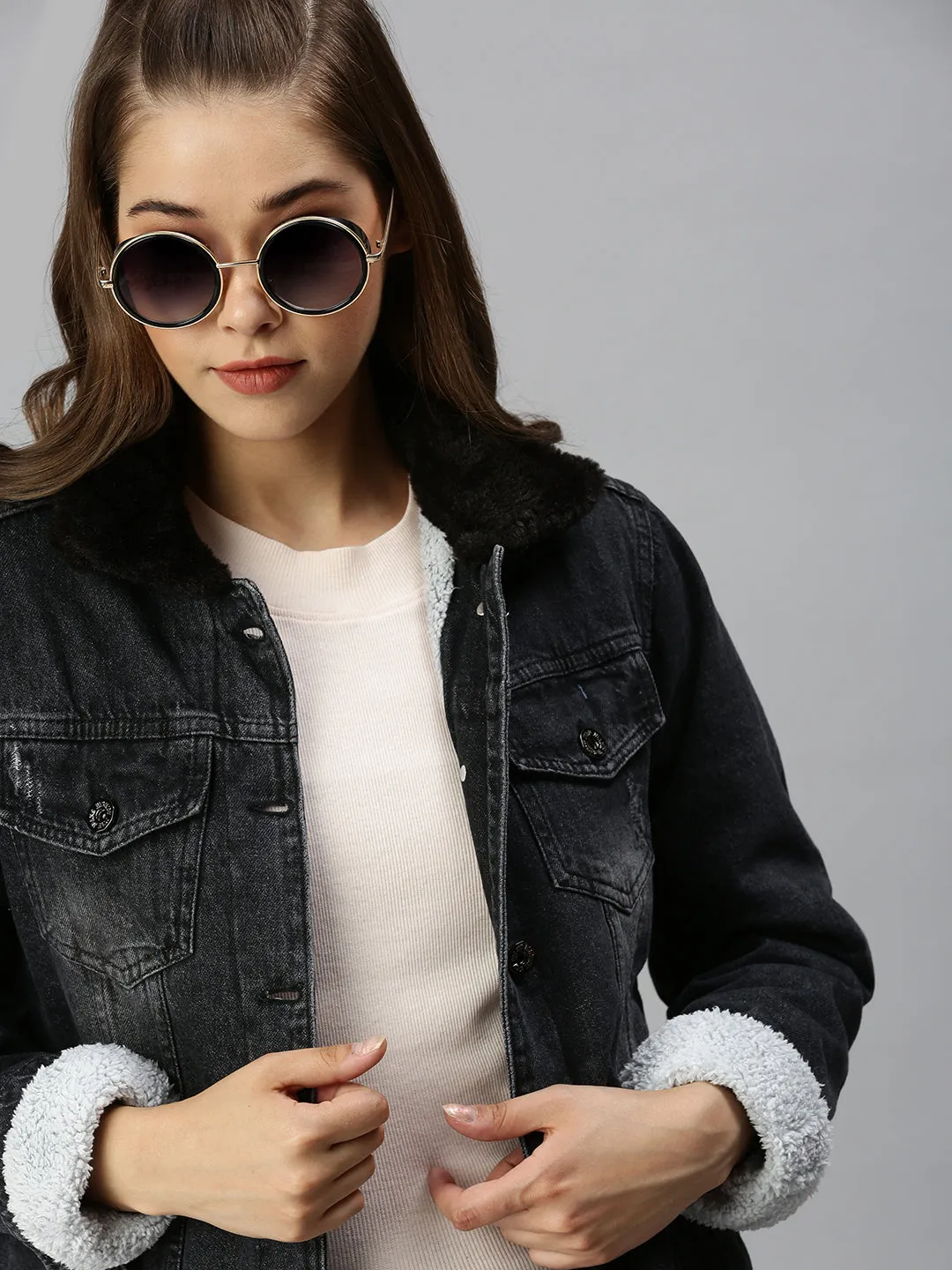 Women's Black Solid Denim Jacket Jackets